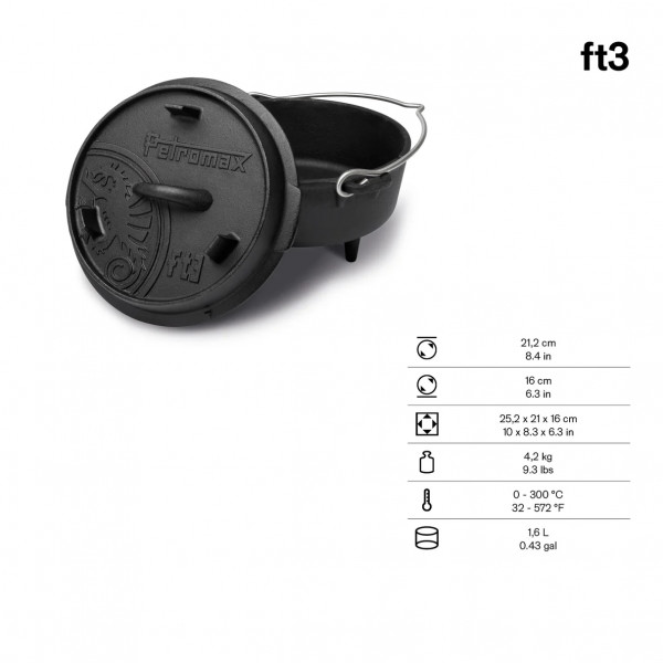Petromax Feuertopf (Dutch Oven) FT3 / 1,6L Topf & 0,4L Deckel / 1-3 Pers.